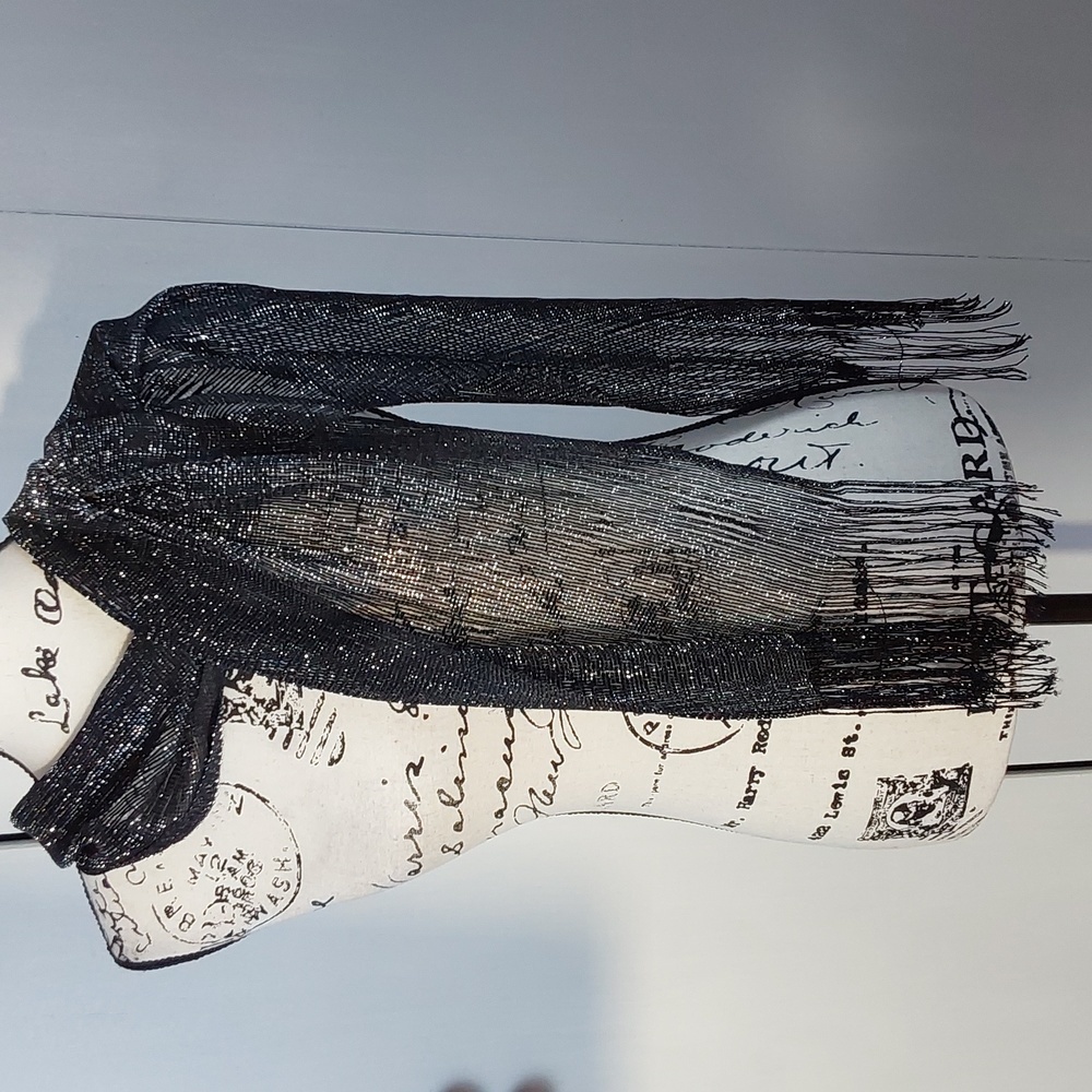 Silver & Black shimmer Metallic scarf with Fringe LARGE
